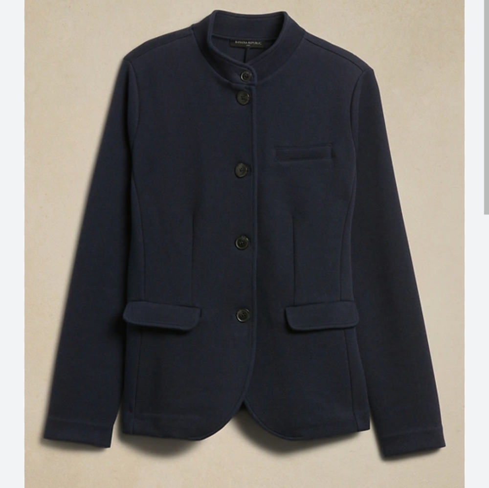 Banana Republic Factory Pique Band-Collar Blazer Navy Size Medium Petite